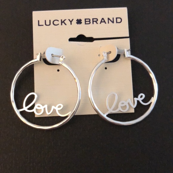 Lucky Brand Silver Tone Hoop Earrings Love In Cursive Script NWT - Picture 7 of 10